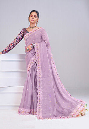 Embroidered Tissue Silk Scalloped Saree in Light Purple