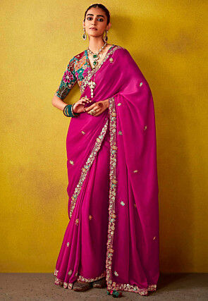 Embroidered Tissue Silk Scalloped Saree in Pink