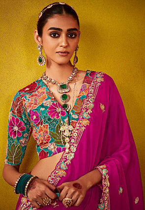 Embroidered Tissue Silk Scalloped Saree in Pink