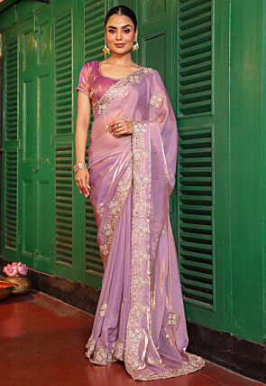 Embroidered Tissue Silk Scalloped Saree in Purple