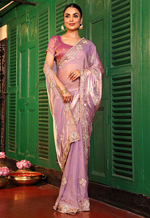 Embroidered Tissue Silk Scalloped Saree in Purple