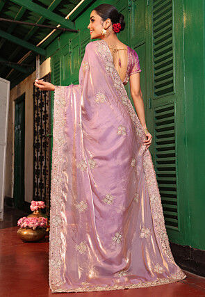 Embroidered Tissue Silk Scalloped Saree in Purple