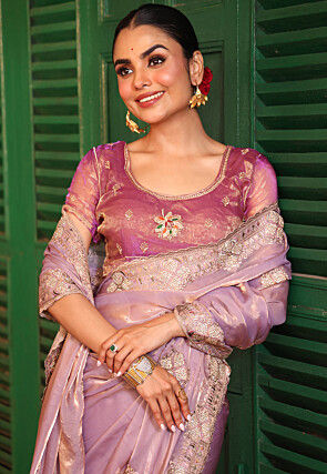 Embroidered Tissue Silk Scalloped Saree in Purple