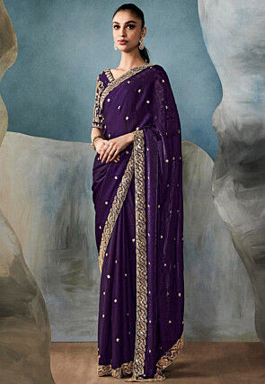 Embroidered Tissue Silk Scalloped Saree in Purple