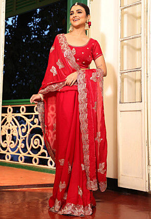 Embroidered Tissue Silk Scalloped Saree in Red
