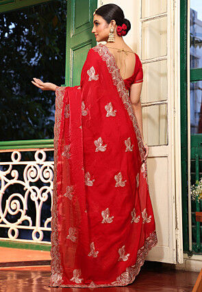 Embroidered Tissue Silk Scalloped Saree in Red