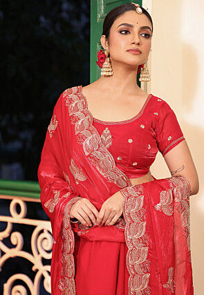 Embroidered Tissue Silk Scalloped Saree in Red