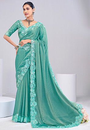 Embroidered Tissue Silk Scalloped Saree in Sea Green