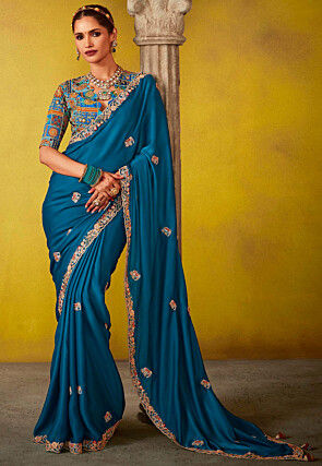 Embroidered Tissue Silk Scalloped Saree in Teal Blue