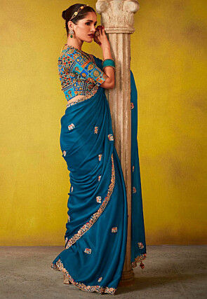 Embroidered Tissue Silk Scalloped Saree in Teal Blue