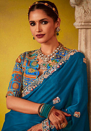 Embroidered Tissue Silk Scalloped Saree in Teal Blue