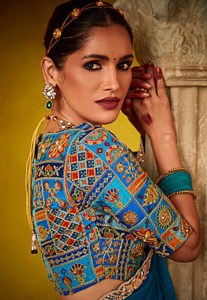 Embroidered Tissue Silk Scalloped Saree in Teal Blue