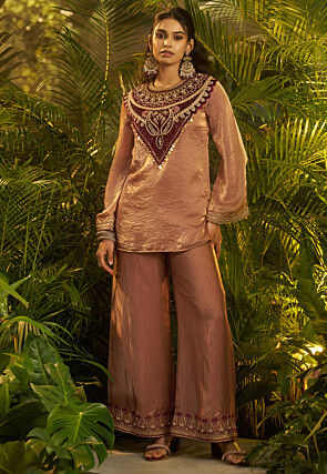 Embroidered Tissue Silk Tunic Set in Brown