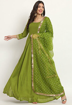 Embroidered Trim Art Silk Abaya Style Suit in Olive Green