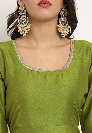 Embroidered Trim Art Silk Abaya Style Suit in Olive Green