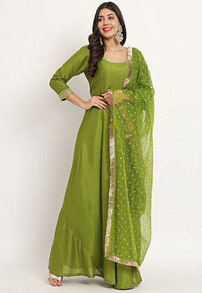 Embroidered Trim Art Silk Abaya Style Suit in Olive Green