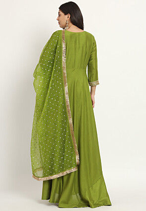 Embroidered Trim Art Silk Abaya Style Suit in Olive Green