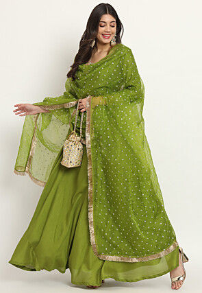 Embroidered Trim Art Silk Abaya Style Suit in Olive Green