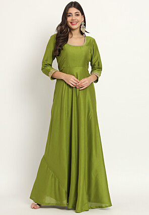 Embroidered Trim Art Silk Gown in Green