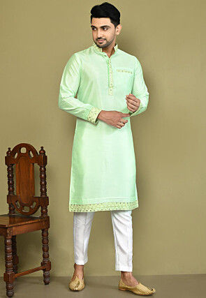 Embroidered Trim Art Silk Kurta Set in Light Green