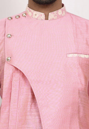 Embroidered Trim Art Silk Layered Dhoti Kurta in Pink