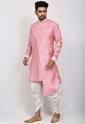 Embroidered Trim Art Silk Layered Dhoti Kurta in Pink