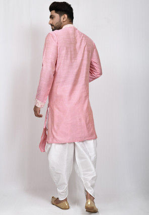 Embroidered Trim Art Silk Layered Dhoti Kurta in Pink
