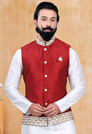 Embroidered Trim Art Silk Nehru Jacket in Red
