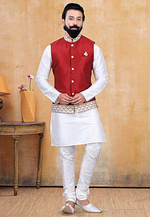 Embroidered Trim Art Silk Nehru Jacket in Red