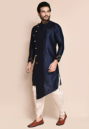 Embroidered Trim Art Silk Sherwani in Navy Blue
