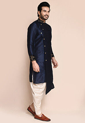 Embroidered Trim Art Silk Sherwani in Navy Blue