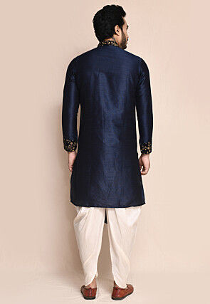 Embroidered Trim Art Silk Sherwani in Navy Blue