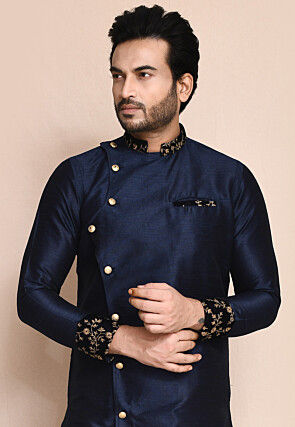 Embroidered Trim Art Silk Sherwani in Navy Blue