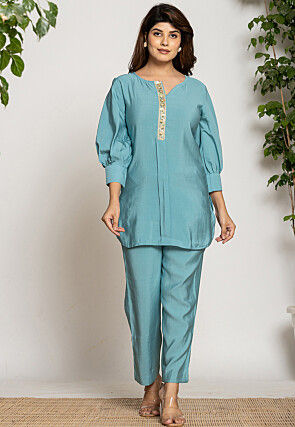 Embroidered Trim Art Silk Top Set in Light Teal Blue