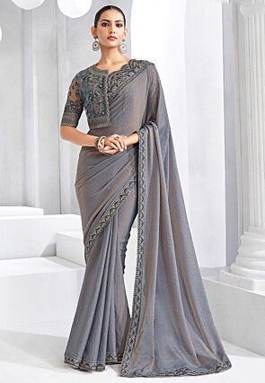 Embroidered Trim Chiffon Saree in Grey