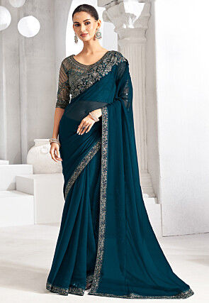 Embroidered Trim Chiffon Saree in Teal Blue