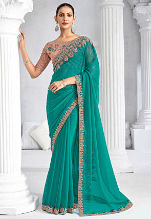 Embroidered Trim Chiffon Saree in Teal Green