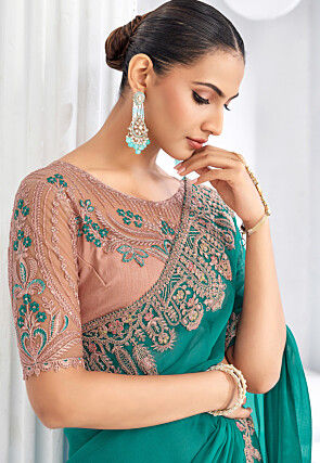 Embroidered Trim Chiffon Saree in Teal Green