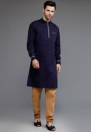 Embroidered Trim Cotton Kurta Set in Navy Blue
