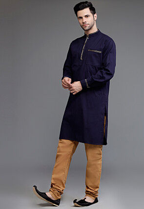 Embroidered Trim Cotton Kurta Set in Navy Blue