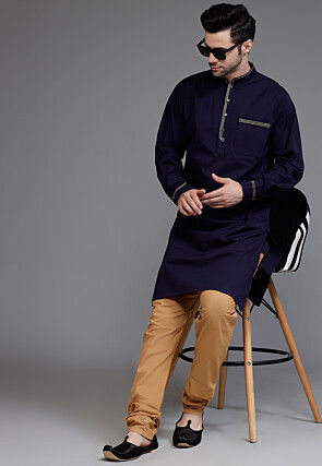 Embroidered Trim Cotton Kurta Set in Navy Blue