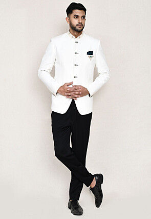 Embroidered Trim Cotton Linen Jodhpuri Suit in Off White