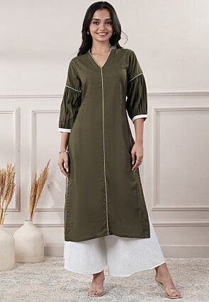 Embroidered Trim Cotton Slub A Line Kurta in Olive Green