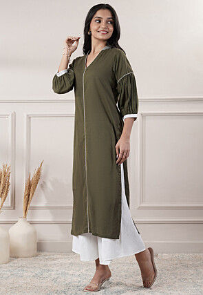 Embroidered Trim Cotton Slub A Line Kurta in Olive Green
