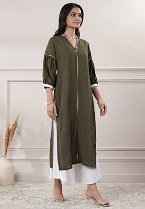 Embroidered Trim Cotton Slub A Line Kurta in Olive Green