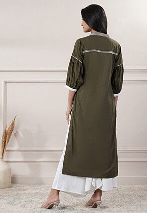Embroidered Trim Cotton Slub A Line Kurta in Olive Green