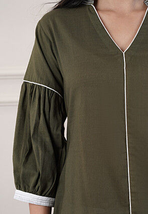 Embroidered Trim Cotton Slub A Line Kurta in Olive Green