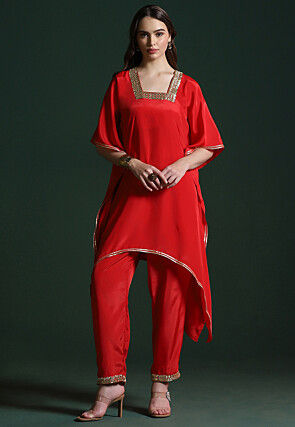 Embroidered Trim Crepe A Line Kurta Set in Red