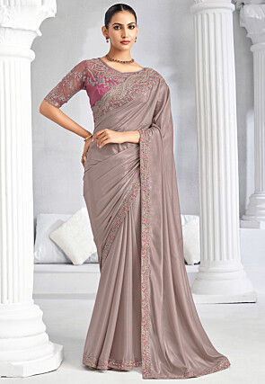 Embroidered Trim Crepe Saree in Grey