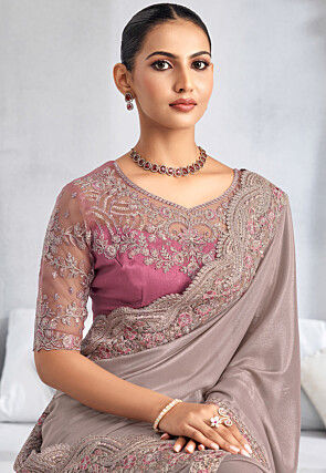 Embroidered Trim Crepe Saree in Grey